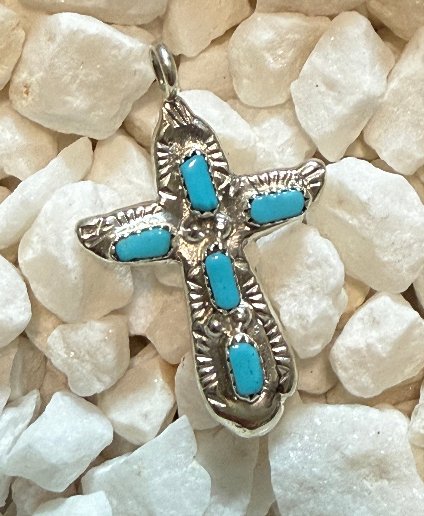 Native American Zuni handmade signed Sterling Silver & Turquoise Cross Pendant