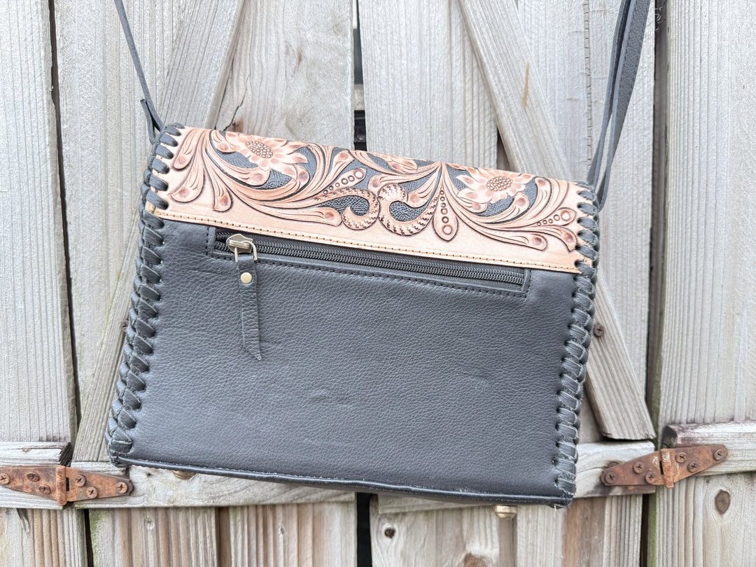 Black and Bloom | Black and Brown Tooled all Leather Western Crossbody Purse