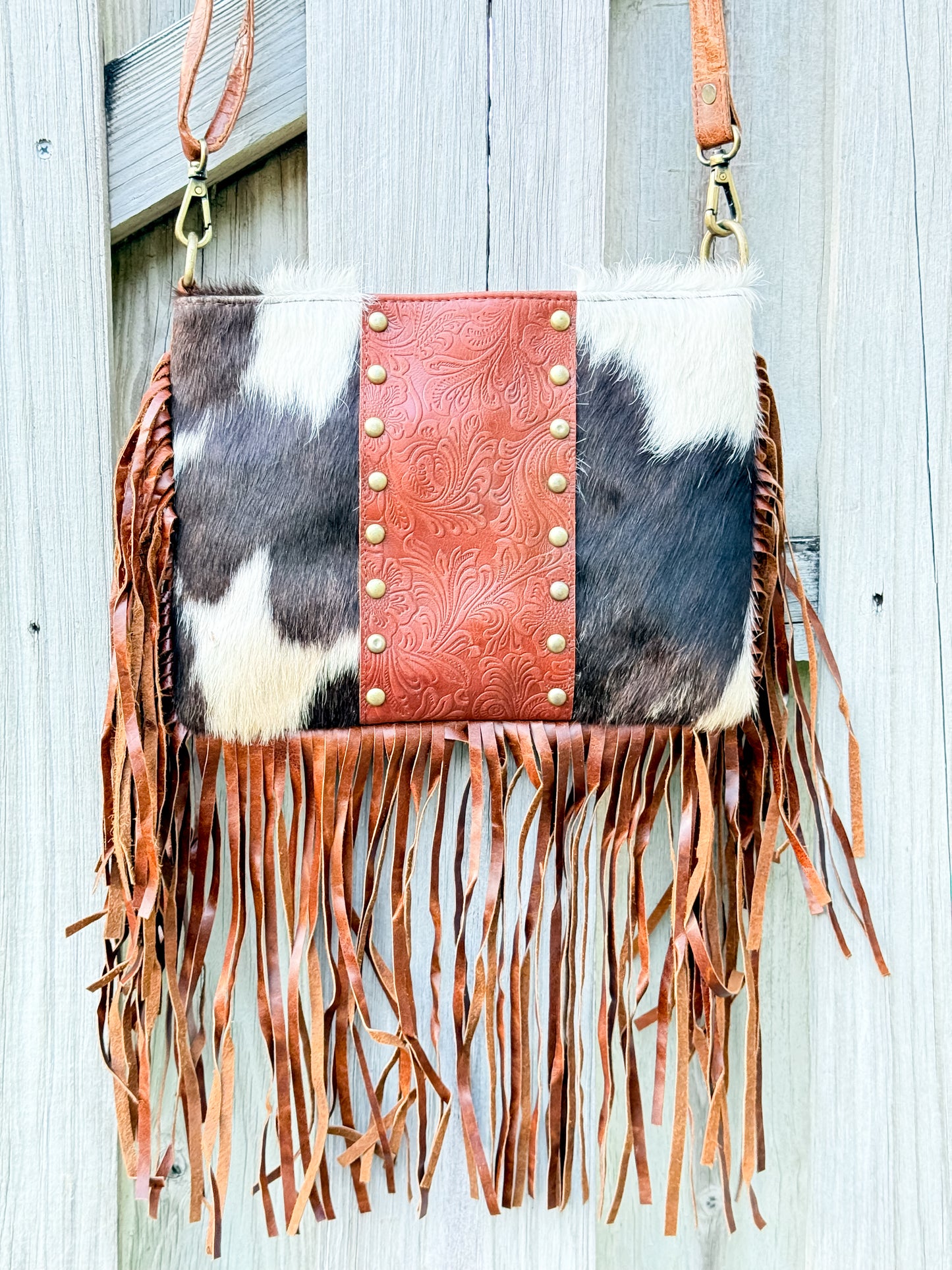 Hey Stud: Hair on Cowhide Leather Studed Fringe Crossbody Purse