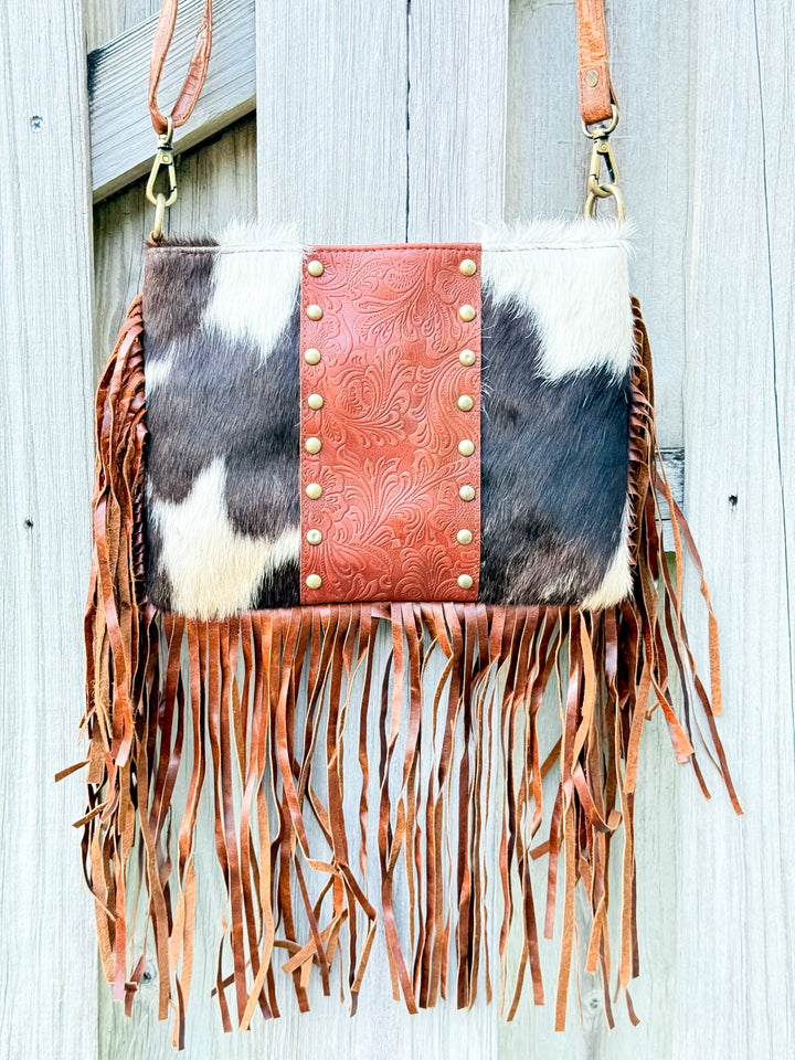 Hey Stud | Hair on Cowhide Leather Studed Fringe Crossbody Purse