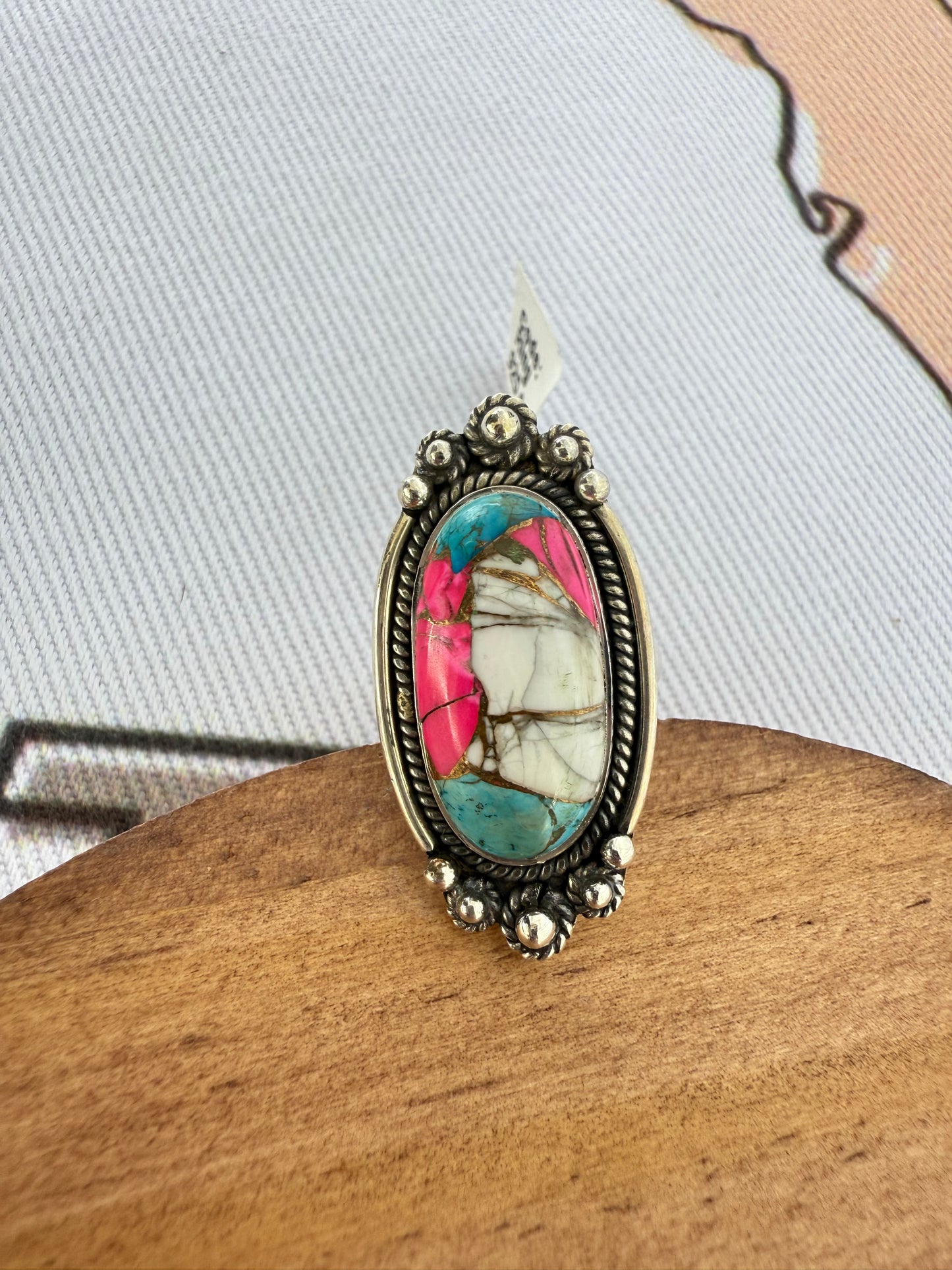 Oval Cotton Candy Turquoise and Sterling Silver Southwestern Artisan Ring - Size 6