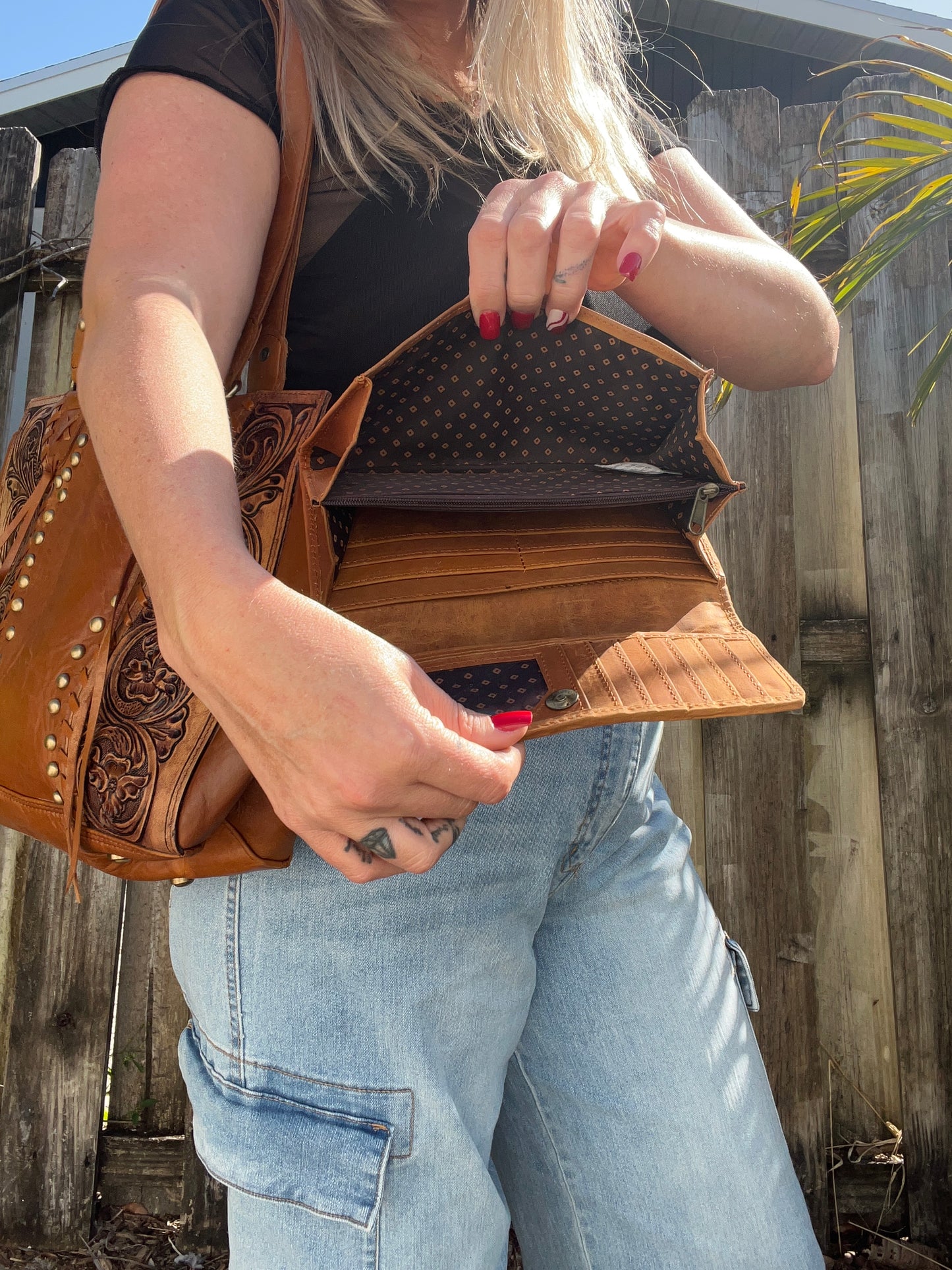 Michaela Coors LITE : Lightweight All Leather Handtooled Floral Design Studded Shoulder Purse with Matching Wallet SET