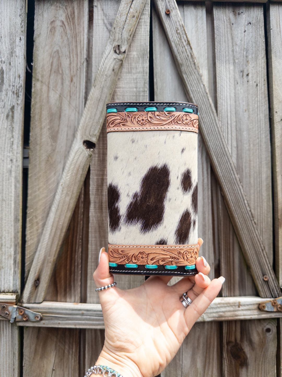 Cowhide & Tooled Leather Western Wallet – Black, Brown & White Hide (The Ironwood)