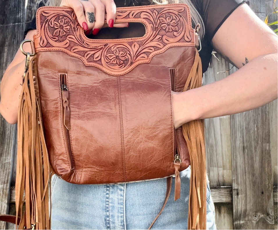 The Sidekick | Tooled Leather & Cowhide Concealed Carry Crossbody with Fringe Sides