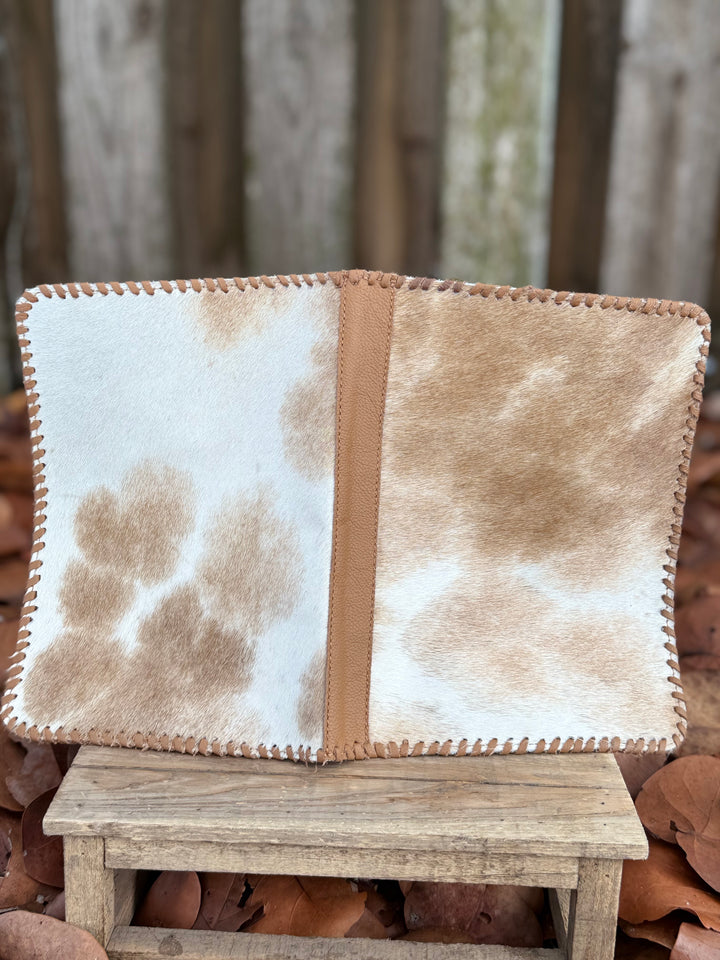 Tan Leather & Cowhide Bible Cover – Handmade Western Book Sleeve for Large Bibles & Notebooks