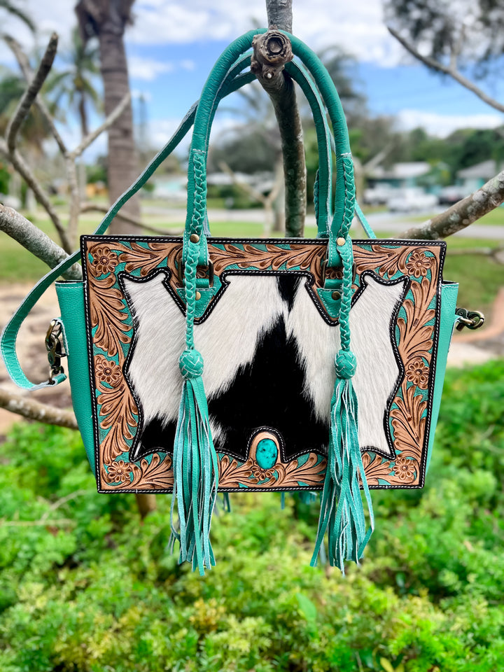 Get to Work Bag | Minty Blue Leather, Tooled Floral & Cowhide Concealed Carry Tote