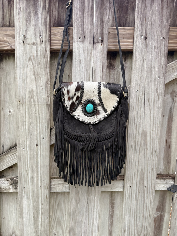 Backwater Boho | Black Suede Leather and Hair-on-Cowhide Crossbody Purse
