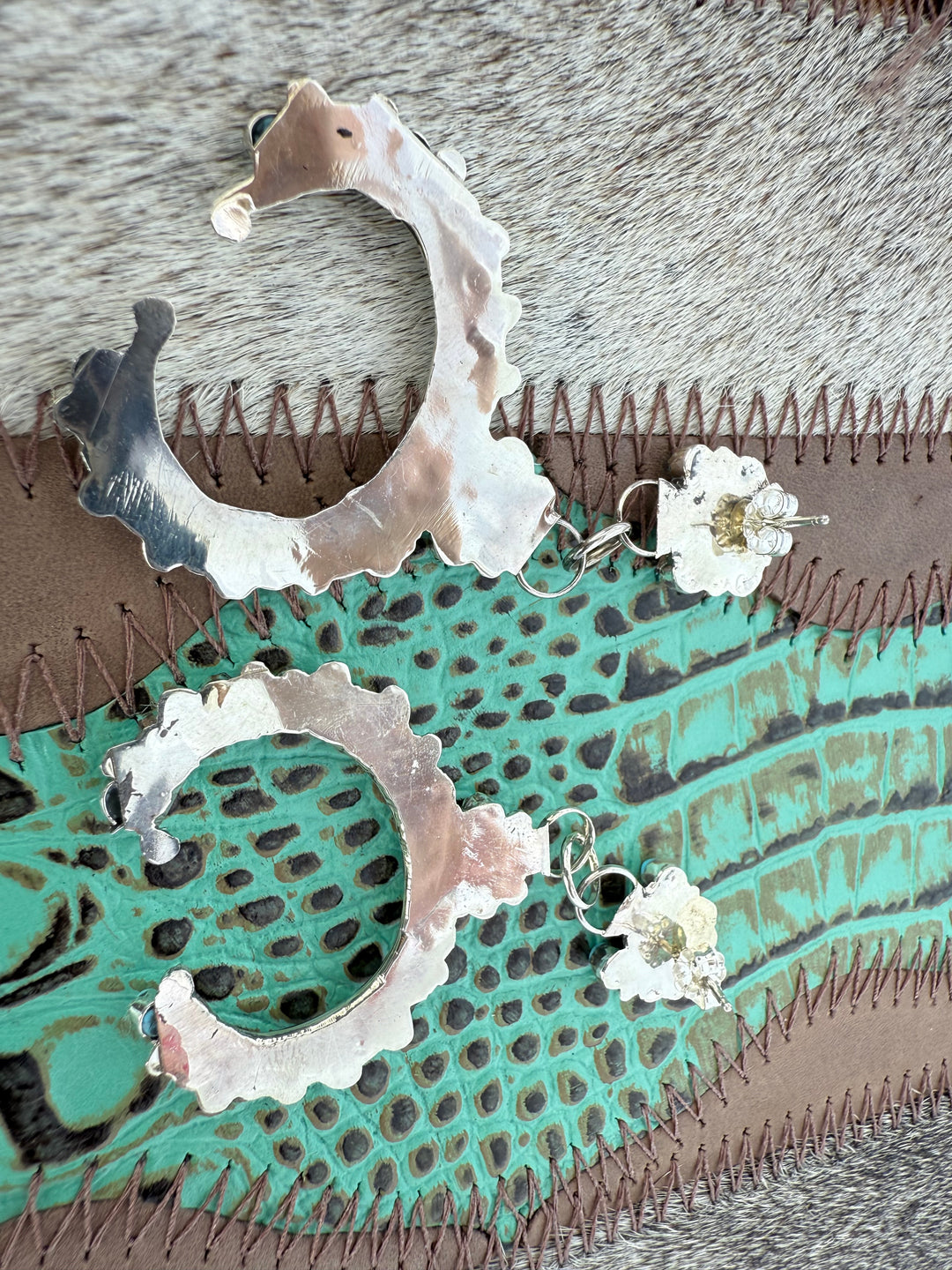 Zuni handmade snake eye Turquoise & Sterling Silver large Naja Dangle Earrings by Joann Cheama