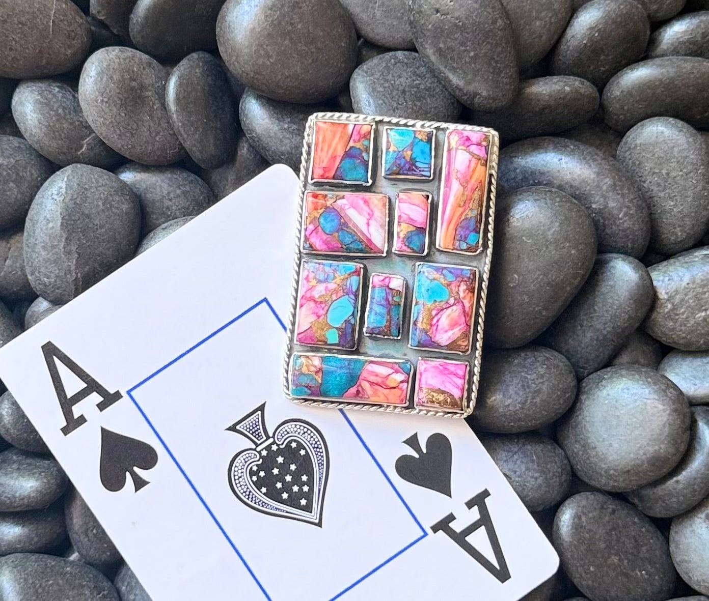 “Ace’s Wild” Adjustable Mojave Turquoise Spiny Oyster Ring