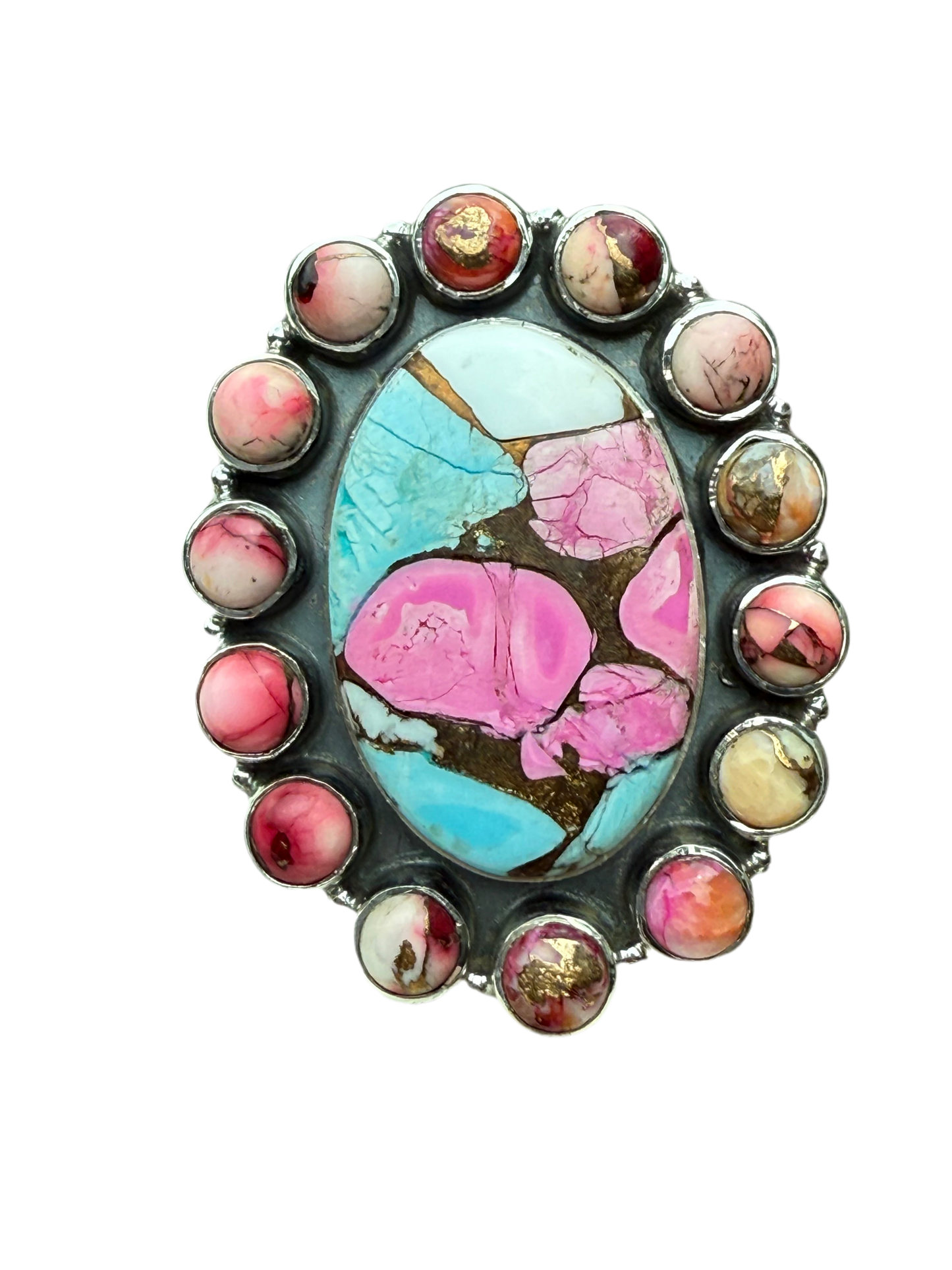 Cotton Candy Turquoise & Red Dahlia Sterling Silver Adjustable Ring