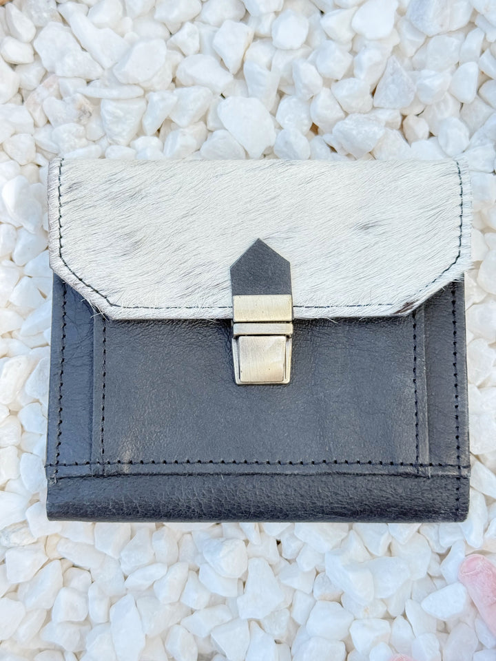 Mini Hide : Cowhide and Black Leather Trifold Wallet