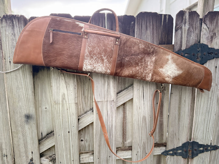 Shotgun Rider | Custom Hair on Cowhide and Caramel Brown Leather Padded Protective Western Rifle Case with Strap and Handles