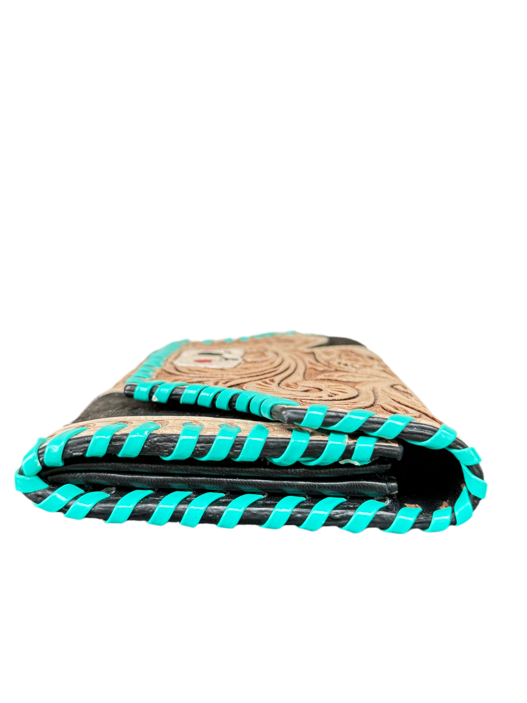Hide and Ace : Tooled Leather and Cowhide Aces Card Design Turquoise Stiched Wallet