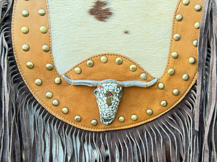 The Sundown Rider | Cowhide Fringe Crossbody with Bullhead Detail