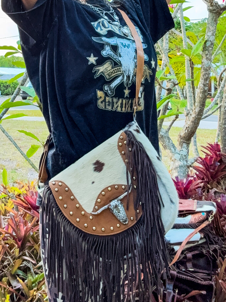 The Sundown Rider | Cowhide Fringe Crossbody with Bullhead Detail