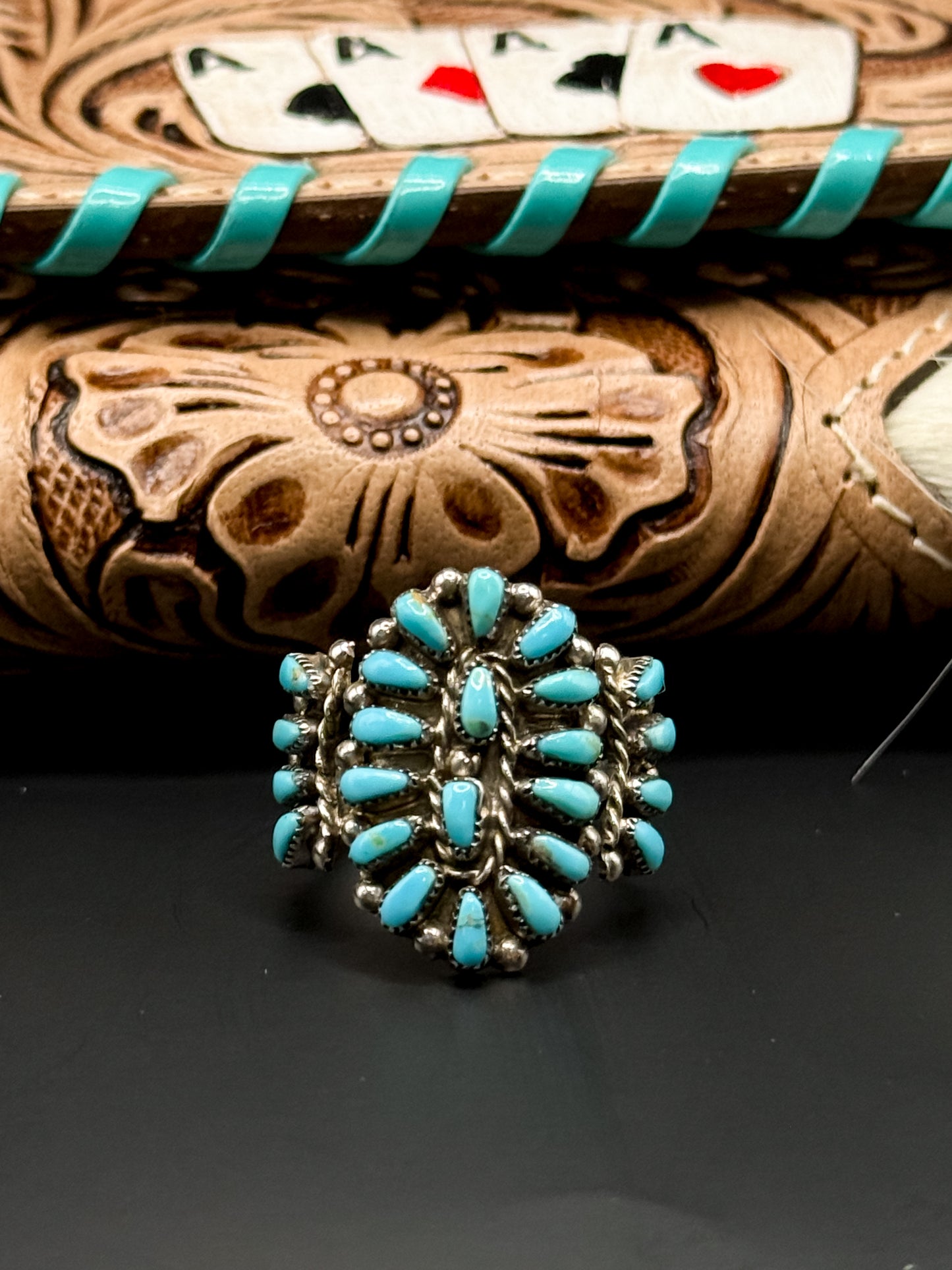Zuni Petit Point Turquoise Cluster Statement Ring - Size 8