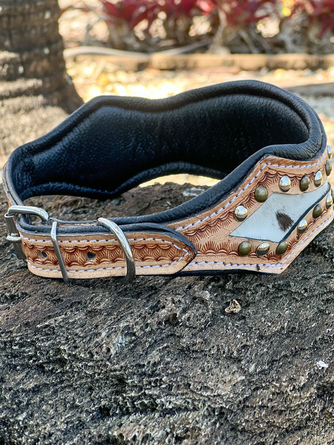 The Outlaw : (Large) Cowhide and Tooled Leather Studded Dog Collar