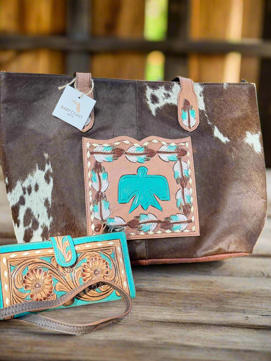 Turquoise Thunder | Cowhide Tooled Leather Concealed Carry Tote & Clutch Set Thunderbird Design