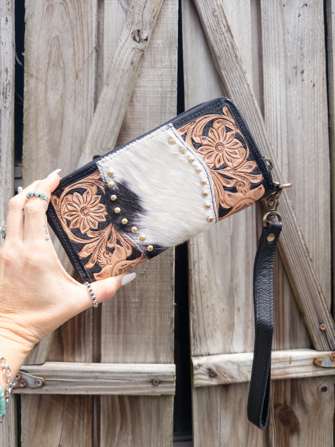 Family Tradition | Black and Tan Tooled Leather with Black and White Cowhide Women’s Western Studded Wallet