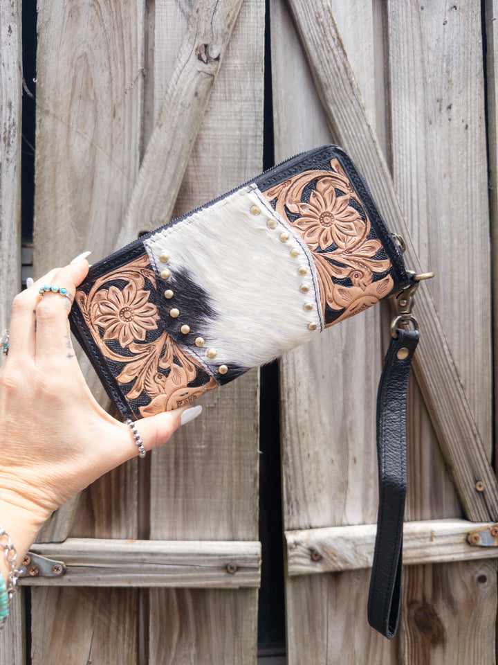 Family Tradition | Black and Tan Tooled Leather with Black and White Cowhide Women’s Western Studded Wallet