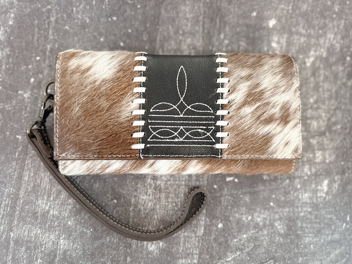 Boot Strap Wallet | Hair on Cowhide Boot Stitch Leather Western Wallet with Handstrap