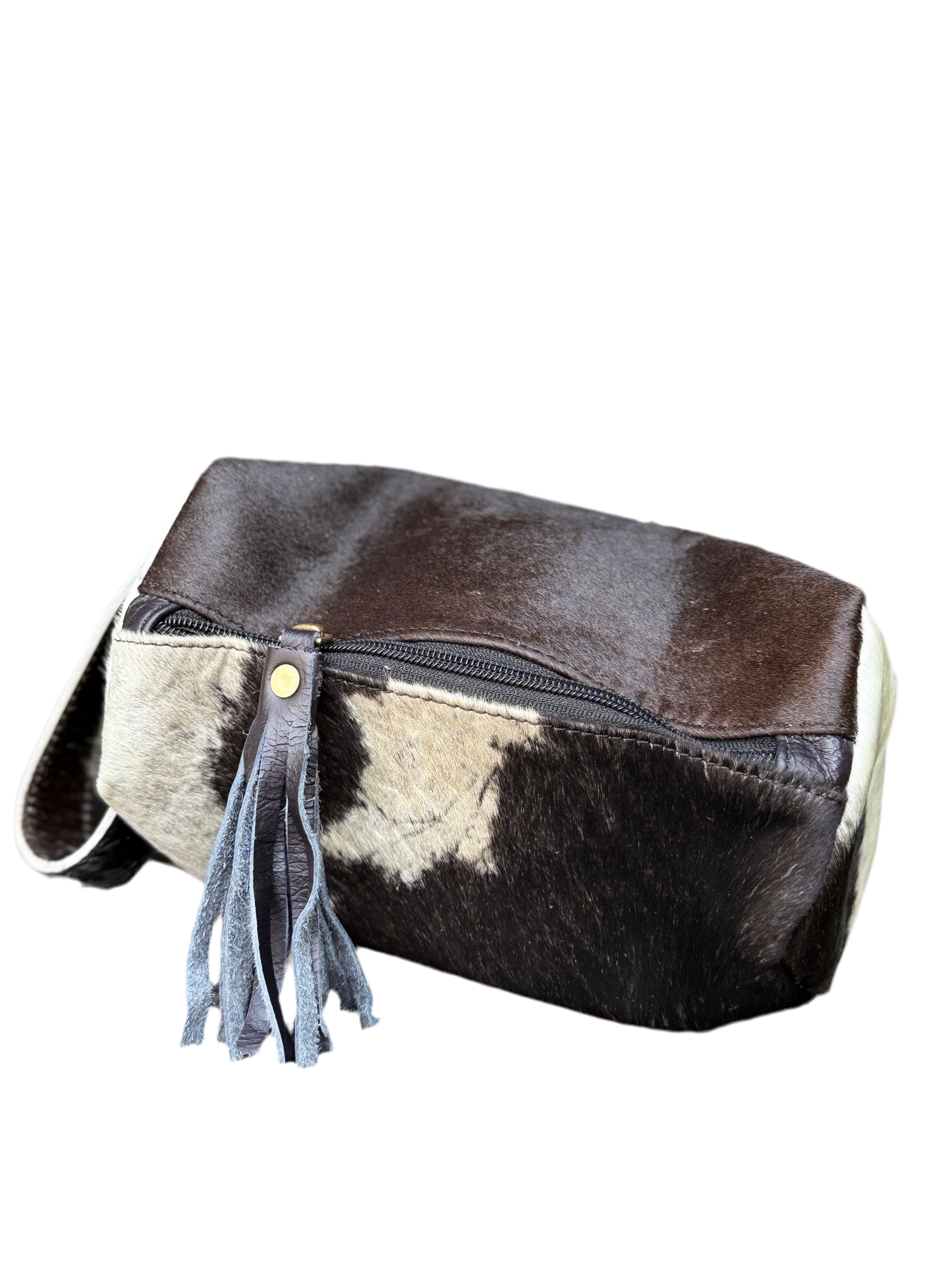 Black Cowhide & Leather Travel Cosmetic Bag | Black Fringe