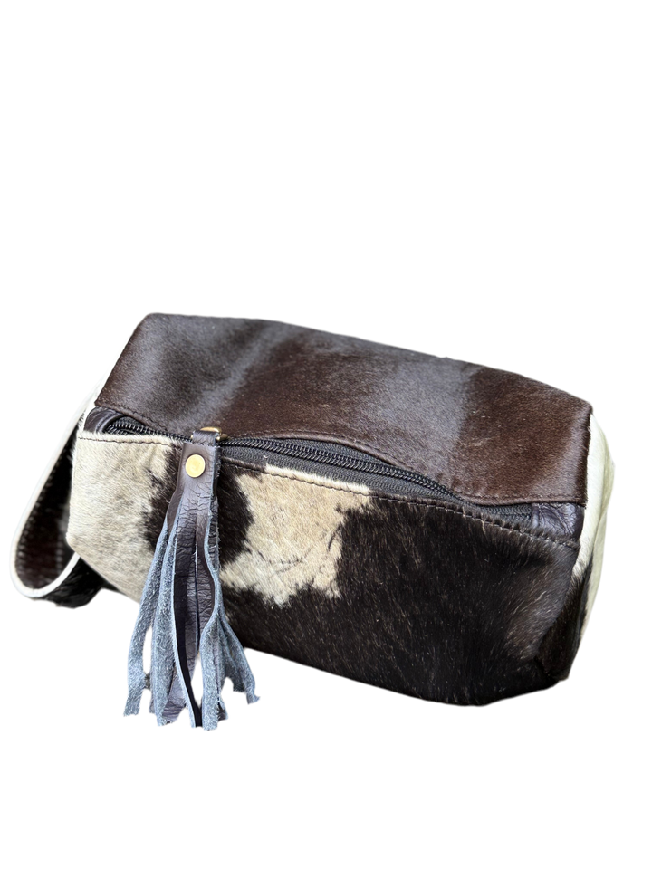 Black Cowhide & Leather Travel Cosmetic Bag | Black Fringe