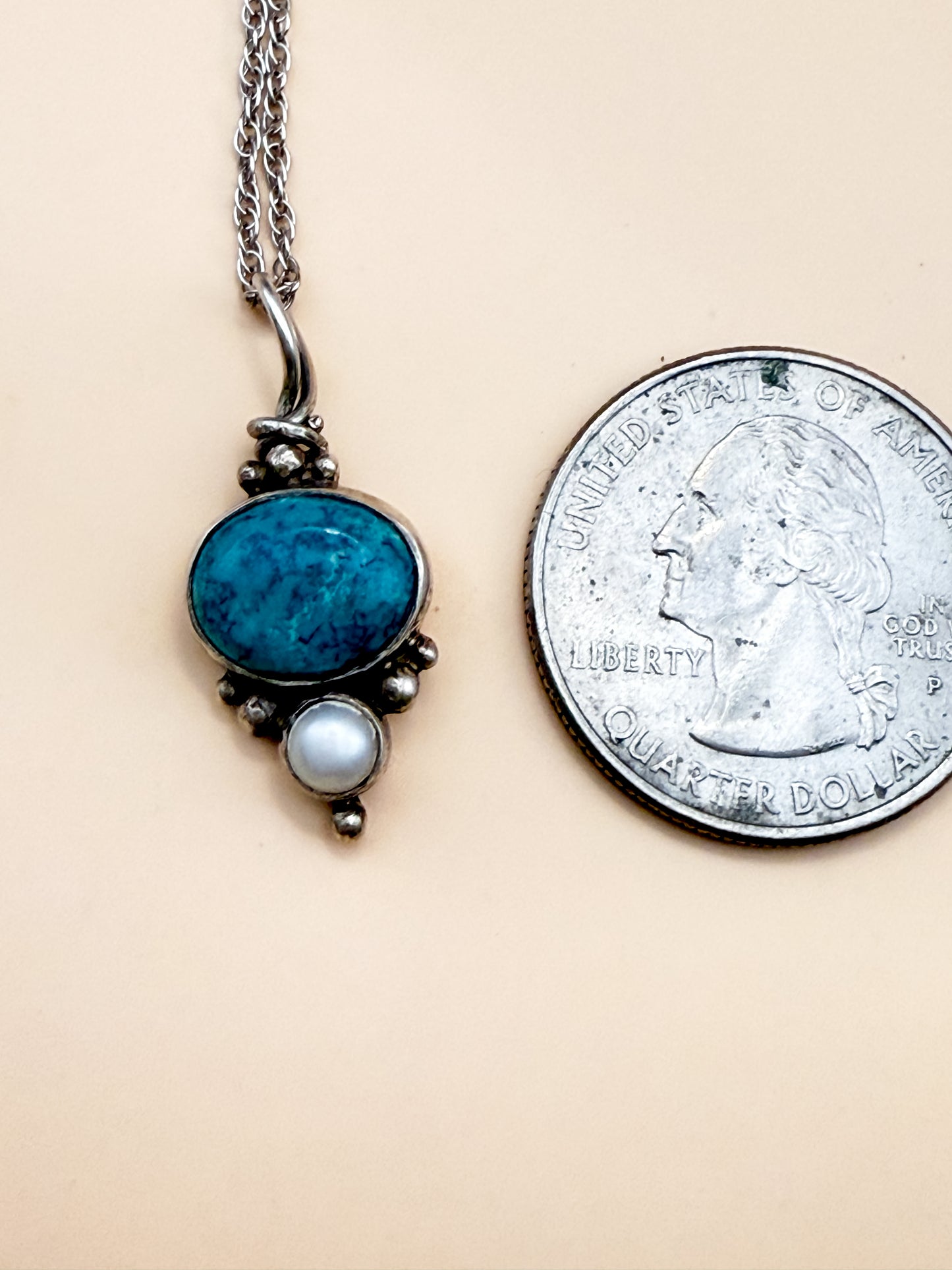 VINTAGE Nepal 925 pearl and turquoise drop pendant with 18” chain
