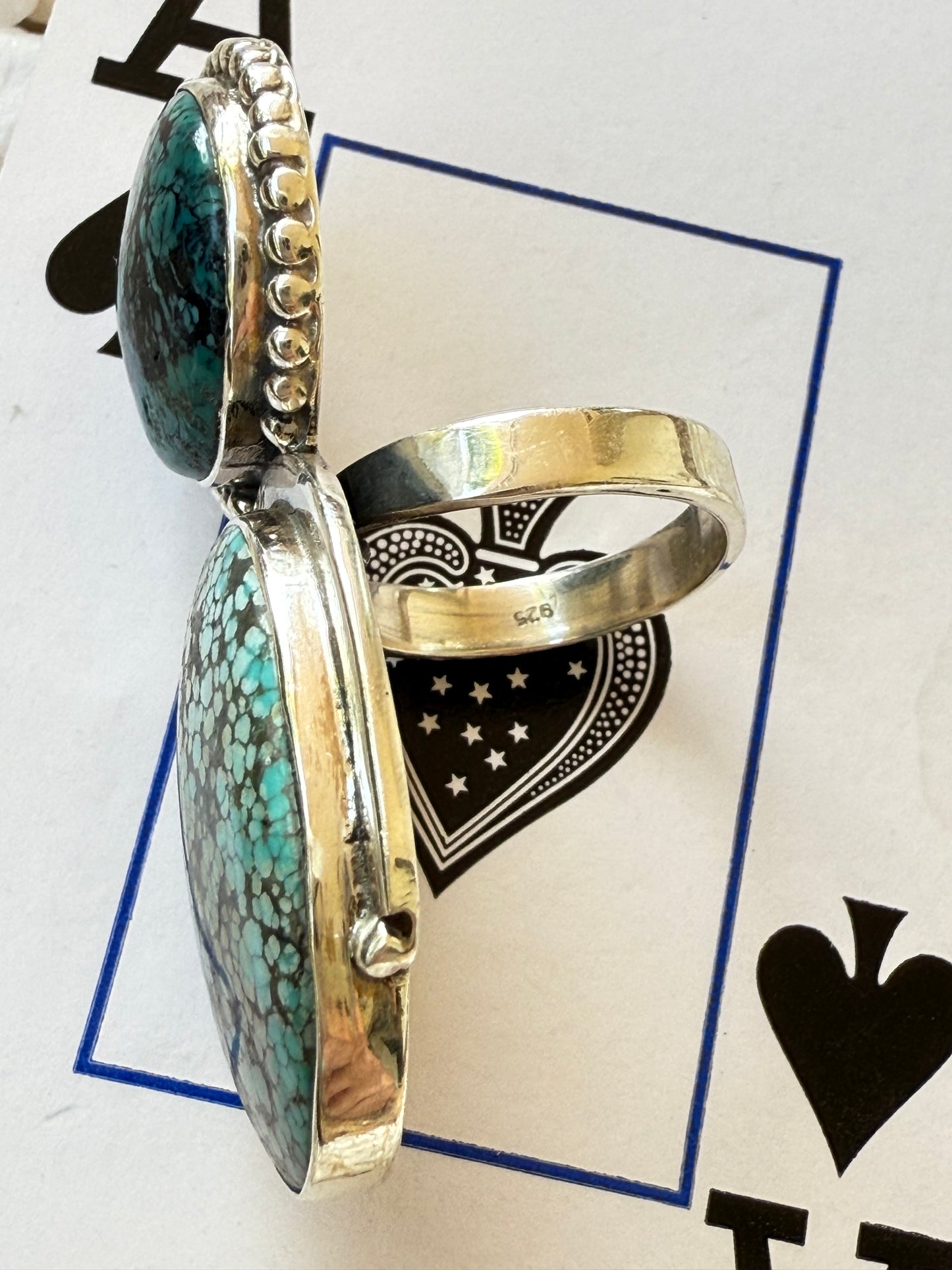 Southwestern Designer Turquoise & Sterling 925 Adjustable Ring