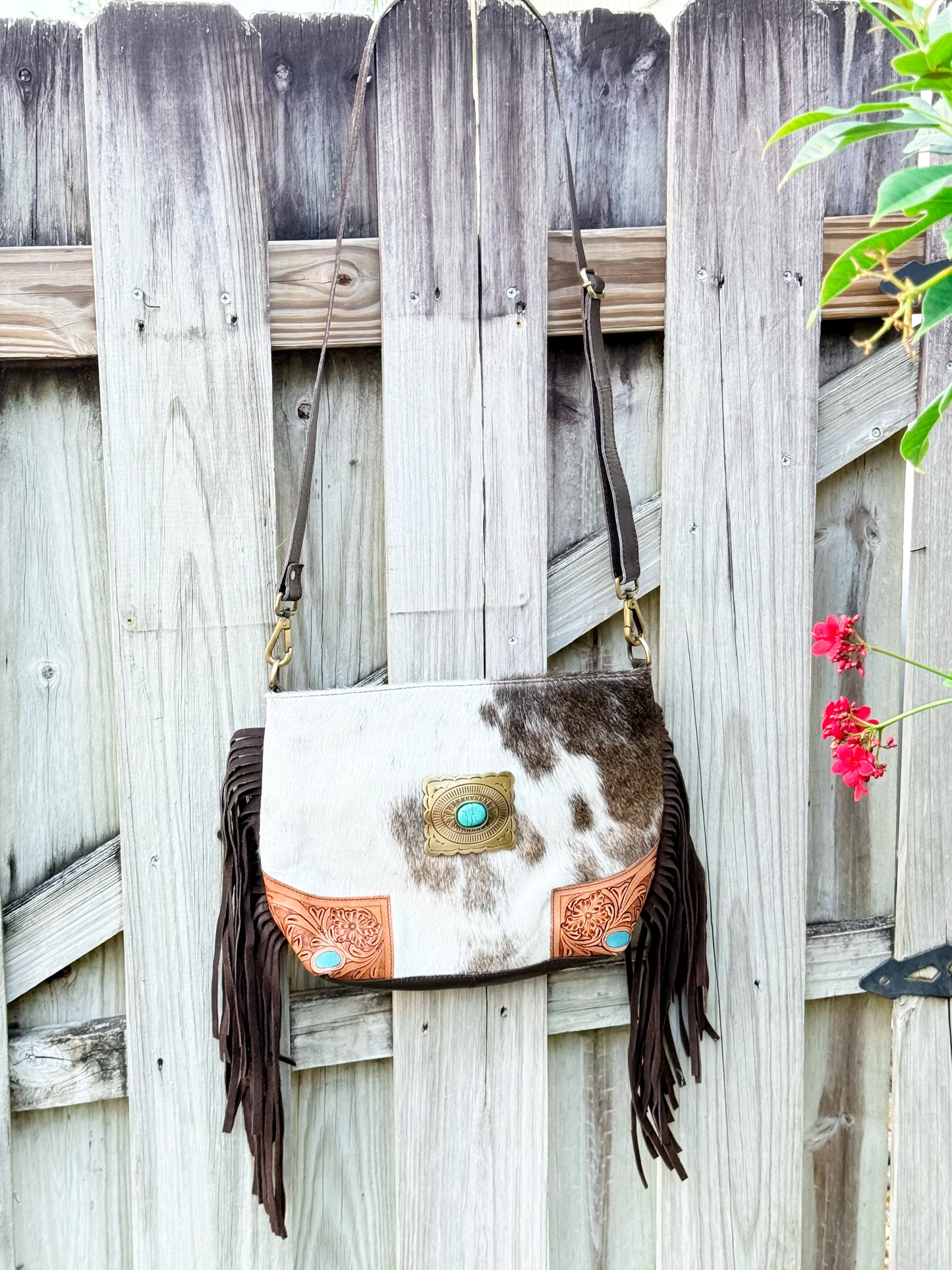 The Concho Carryall: Hair-On Cowhide & Tooled Leather Crossbody Purse