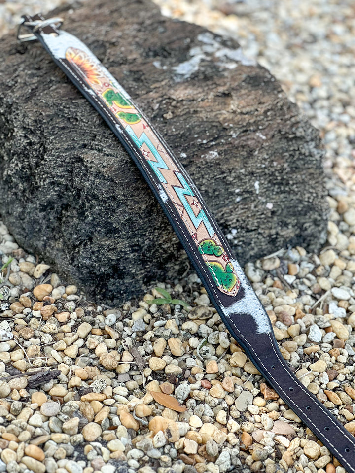 Desert Wanderer | (Large) Hand Tooled Painted Design and Cowhide Dog Collar