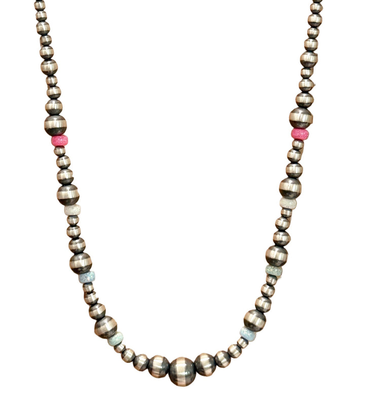 18” Native Strung Sterling Silver Graduated Beads & Pink, White and Blue Lab Opal “Navajo Pearls”
