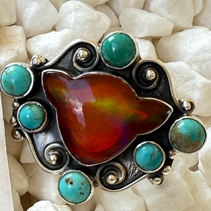 The Maverick | Southwestern Artistian Made Orange Mojave Cow & Turquoise Scroll 925 Ring (Adjustable)
