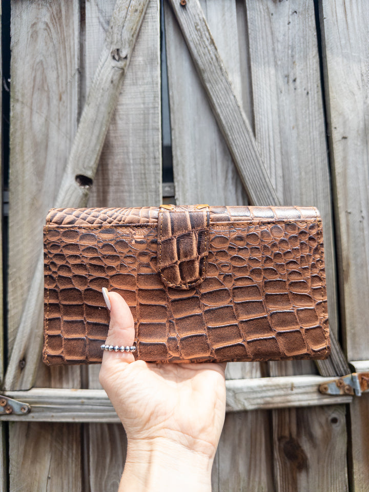Embossed Croc Leather Clutch Wallet – Yellow or Red Stitch (The Alligator Alley)