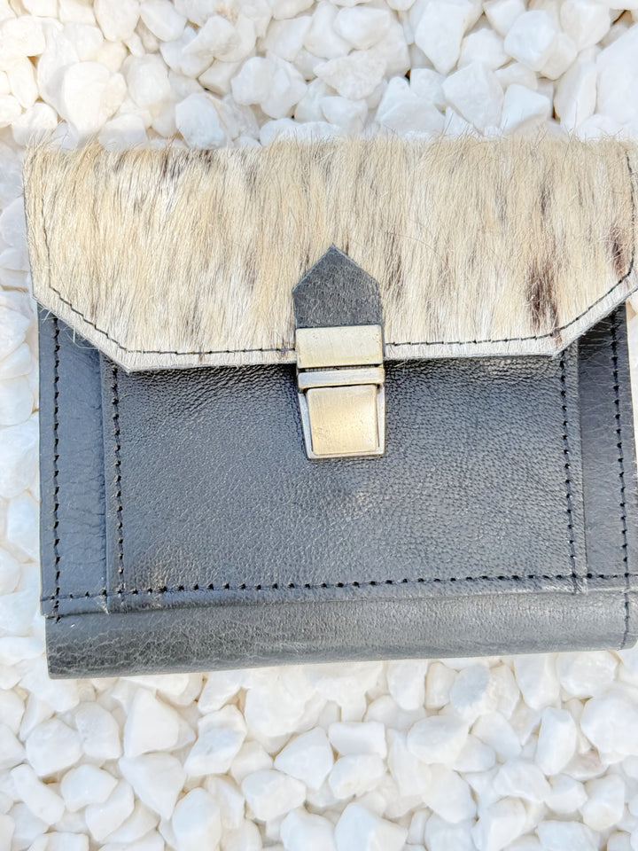 Mini Hide : Cowhide and Black Leather Trifold Wallet