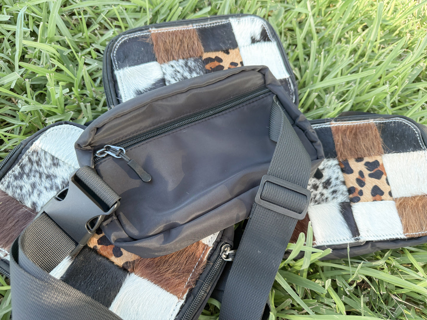 The ECC x Rockin’ A L Western Concealed Carry Chest Bag in Cowhide Check