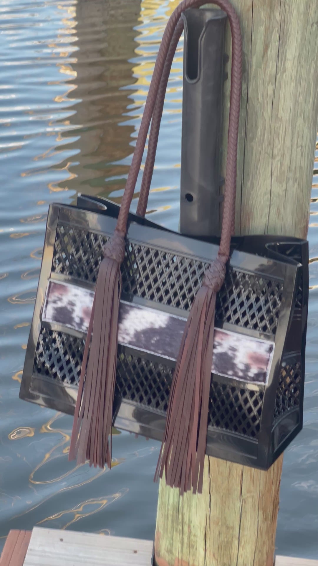 The Coastal Cowgirl | Western PVC Beach Bag with Cowprint Detail and Hand Braided Fringe Handles