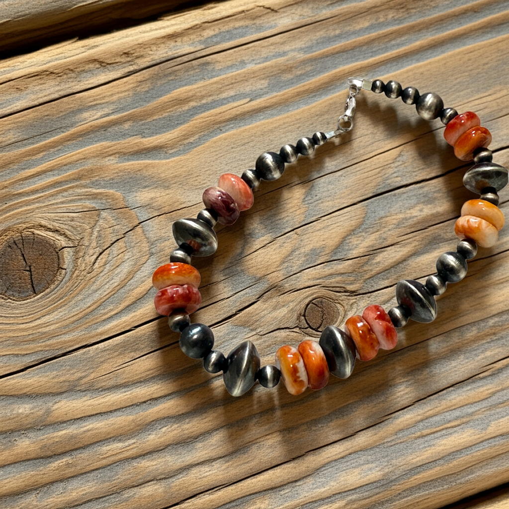 7” Machine made Sterling Silver bead & Spiny Oyster Bracelet, Navajo strung “Navajo Pearl Bracelet”