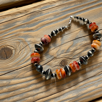 7” Machine made Sterling Silver bead & Spiny Oyster Bracelet, Navajo strung “Navajo Pearl Bracelet”