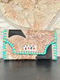 Hide and Ace : Tooled Leather and Cowhide Aces Card Design Turquoise Stiched Wallet