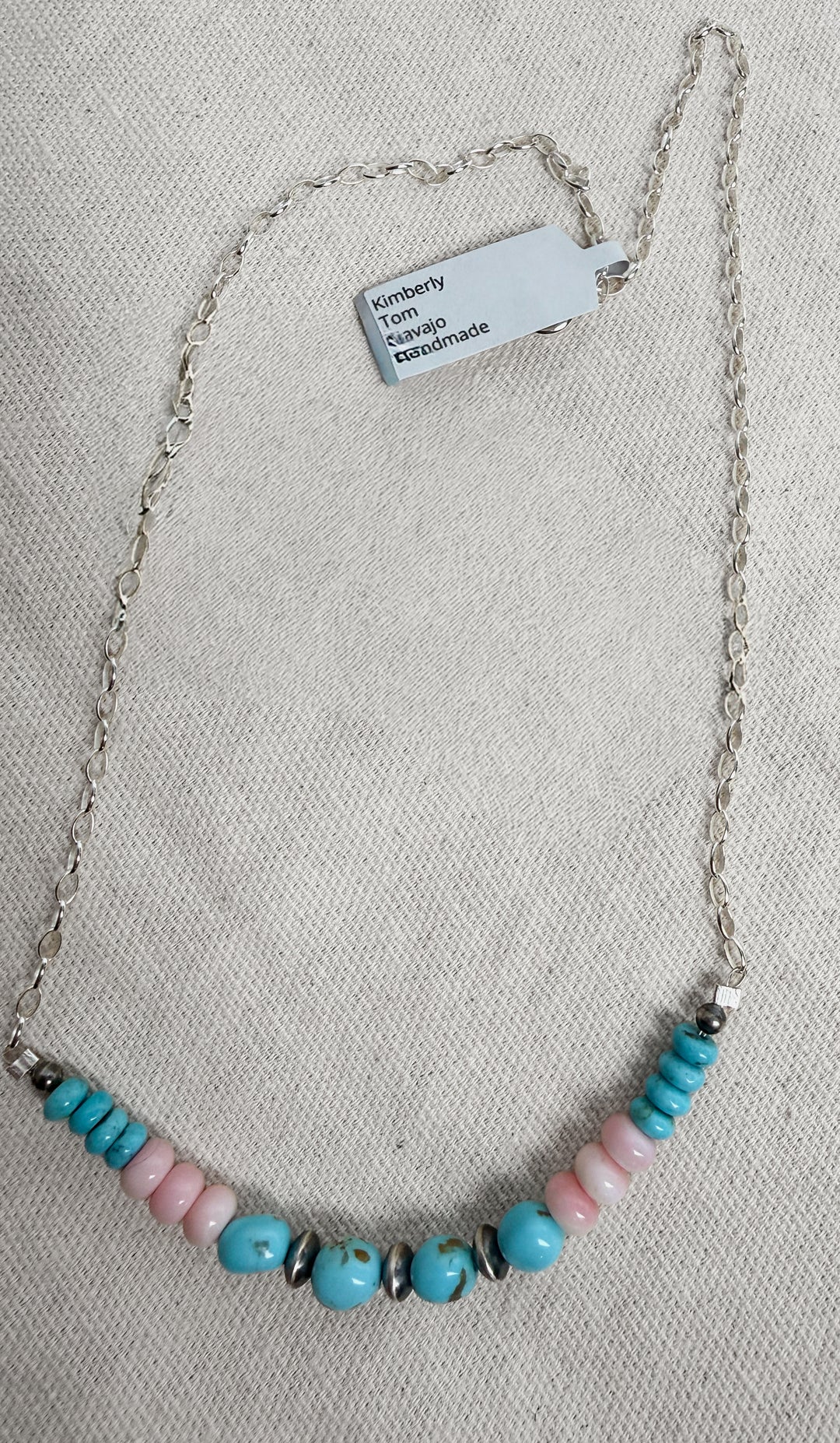 Navajo Kimberly Tom Turquoise & Pink Conch Necklace | Sterling Silver Chain | Handmade