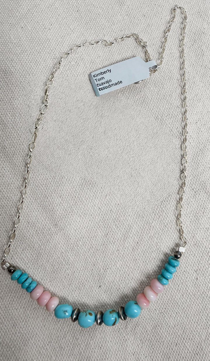 Navajo Kimberly Tom Turquoise & Pink Conch Necklace | Sterling Silver Chain | Handmade