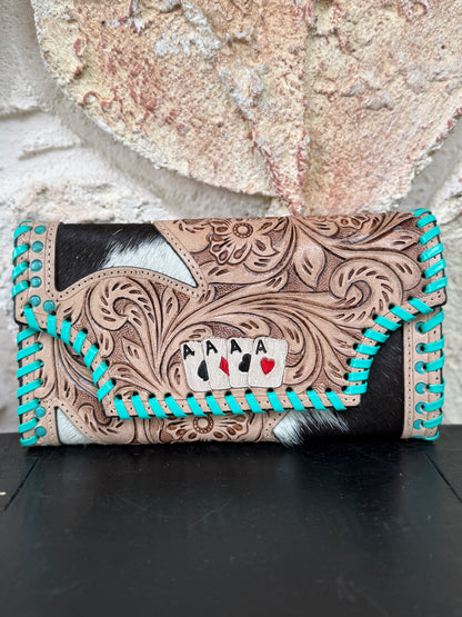 Hide and Ace : Tooled Leather and Cowhide Aces Card Design Turquoise Stiched Wallet