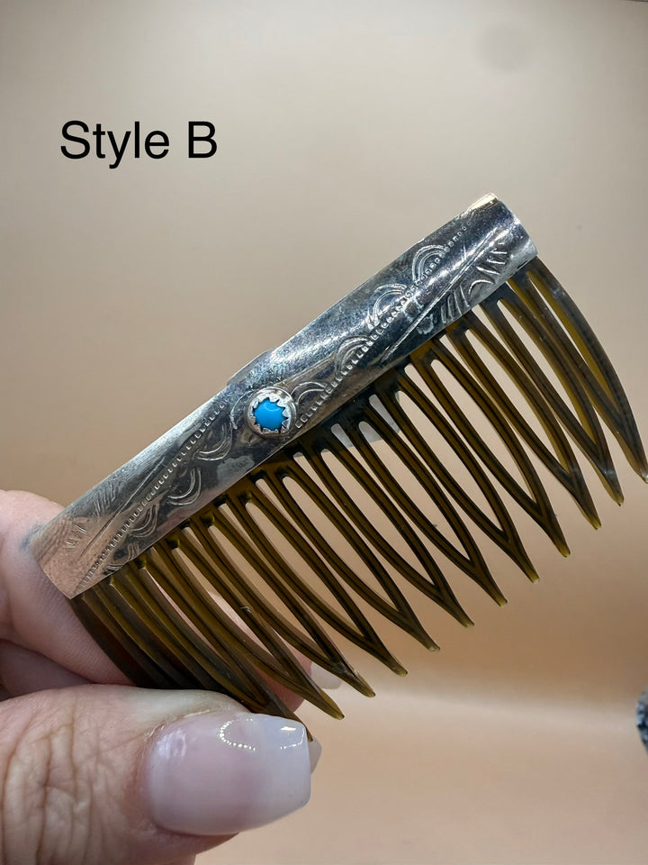 Navajo Handmade Sterling Silver Kingman Turquoise Hair Comb
By Navajo Silversmith Genevieve Jones