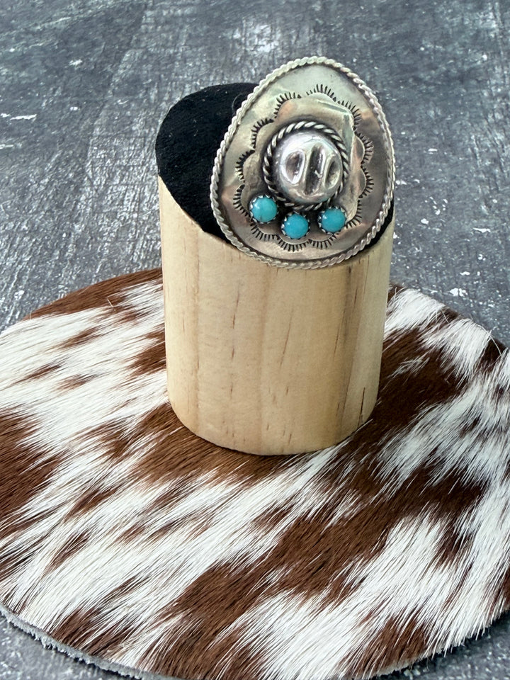 Running Bear Navajo Cowboy Hat Ring | Kingman Turquoise Sterling Silver Size 5.5