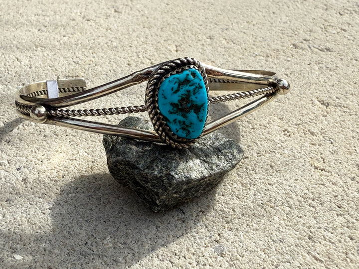 Navajo Handmade Sterling Silver and Turquoise Cuff 6.5” (with flex)