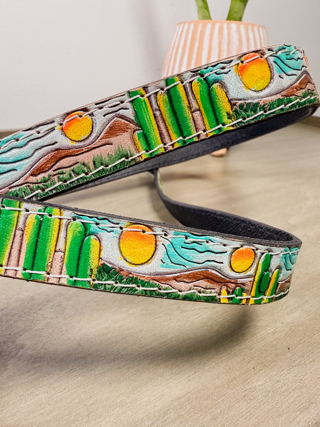 Hand tooled and painted Full Grain Leather Cactus Desert Sunset Scene Dog Leash