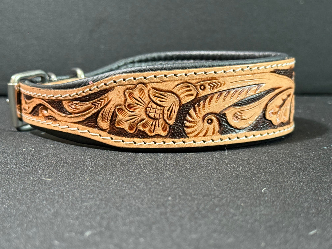 Magnolia Beau | (M/L) Natural Floral Leather Hand Tooled Dog Collar