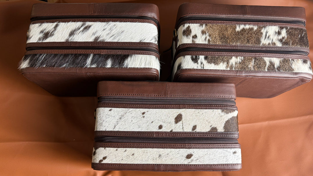 The Double Decker in Chocolate Brown | Large Dark Brown and White Cowhide and Tooled Leather Jewelry Case