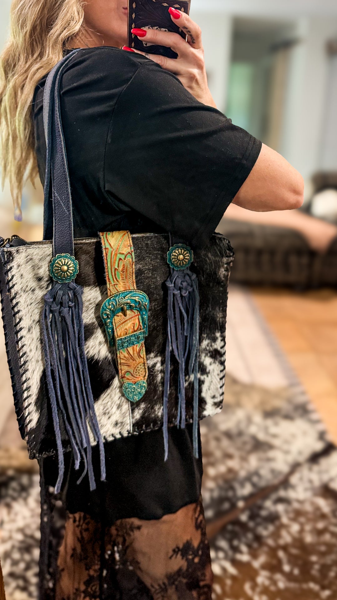 Lone Star Cowhide Fringe Concealed Carry Shoulder Bag – Denim Blue